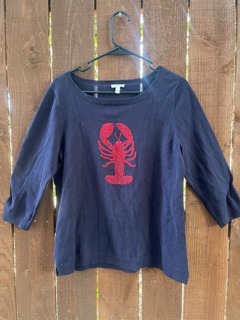 Talbots Navy Blue Nautical Novelty Lobster Print Crew Sweater 3/4 Sleeve Sz MP